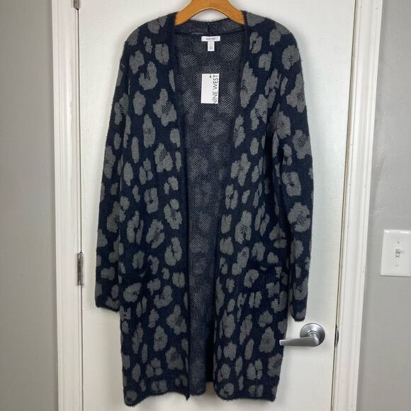 Nine West Animal Print Cardigan Coatigan Sweater Duster Black Gray Fuzzy sz L - Picture 1 of 8